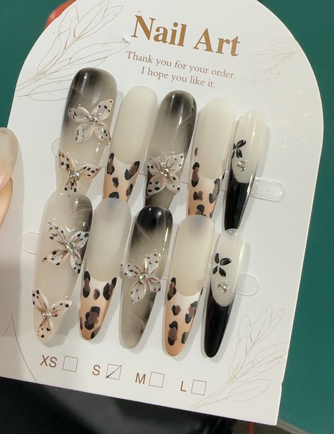 #1004 3D Flower leopard print handmade press on nails