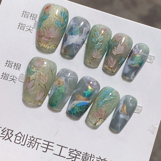 #4002 hand painted handmade press on nails