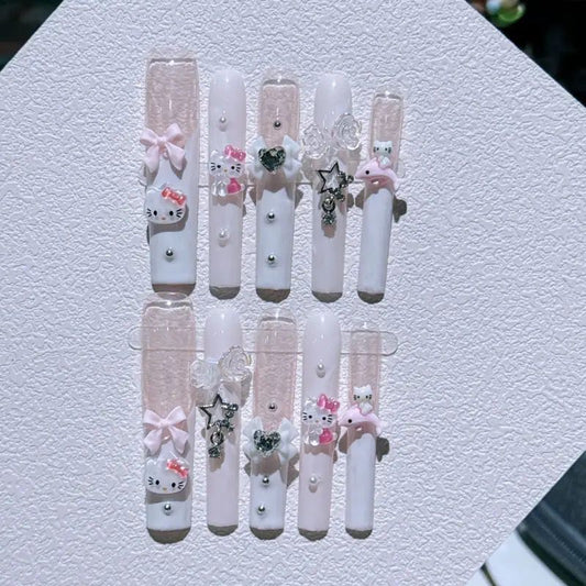 #5022  cute Kitty long square handmade press on nails